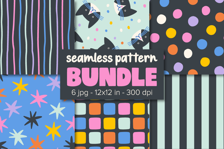 Colorful Pattern Bundle Cats Digital Paper, Dots, stripes