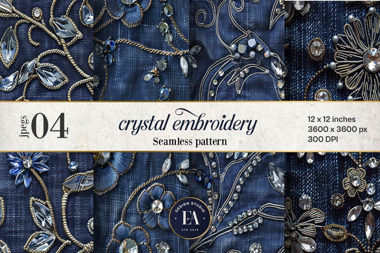 Navy Crystal Embroidery | Luxury Denim Fabric Texture