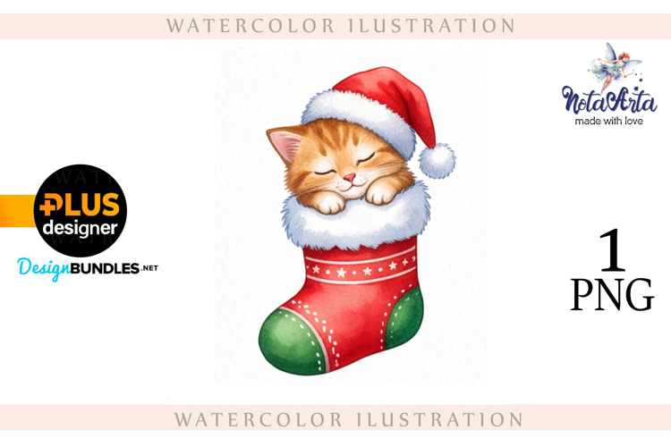 Christmas Kitten in Watercolor Style