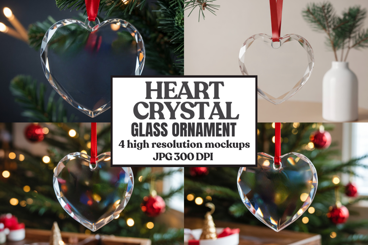 Christmas Heart Crystal Glass Ornament Mockup | Clear Heart