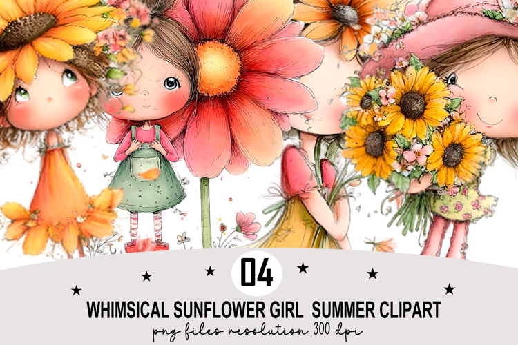 Whimsical Sunflower Girl Summer Clipart Watercolor png
