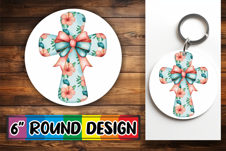Cheerful Keychain Round Design PNG, Flower Cross