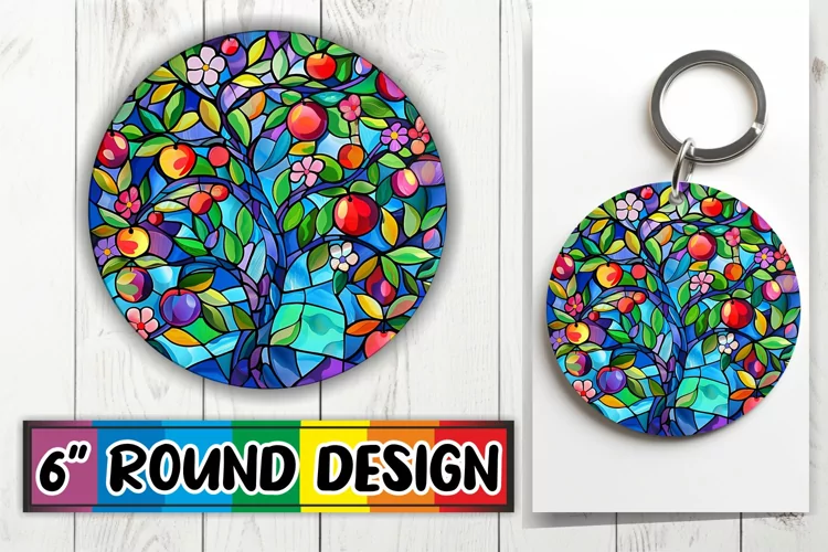 Stained Glass Tree Keychain Colorful Round Design