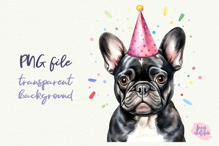 French Bulldog Birthday Party Hat Watercolor Clipart PNG