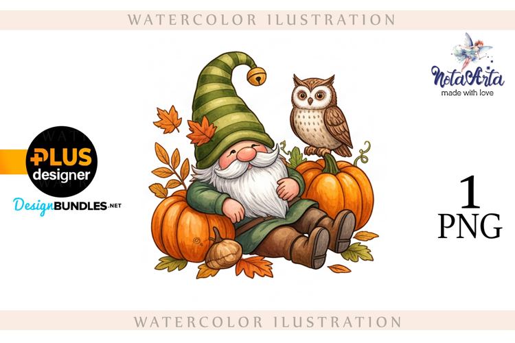 Gnomes with Pumpkin Harvest in Watercolor Style