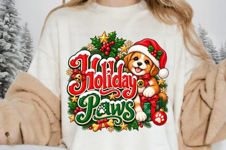 Jolly Holiday Paws Christmas Design, Cute Festive Puppy
