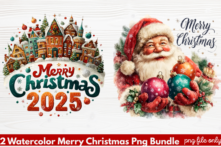 2 Watercolor Merry Christmas PNG | Festive Holiday