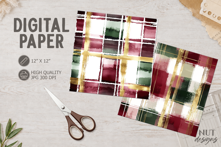 Burgundy Green Gold Plaid Digital Paper watercolor geometric