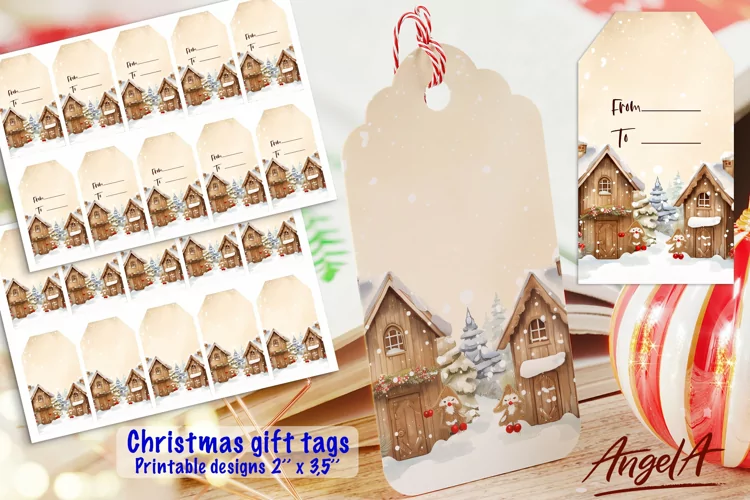 Christmas printable gift tag, winter background, village PNG