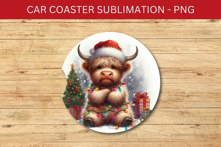 rounded car coaster - grumpy highland cow