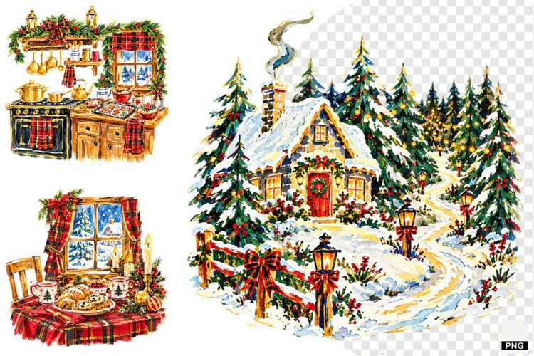 Plaid Cottage Christmas Clipart