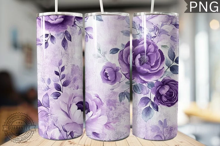Purple Floral Tumbler Wrap - High Quality 300 Dpi