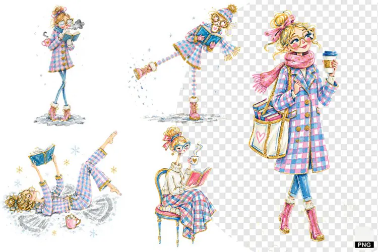 Winter Girl Love Coffee & Reading PNG