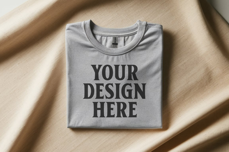 Gildan 64000 Heather Grey Folded T-Shirt Mockup | Flat Lay U