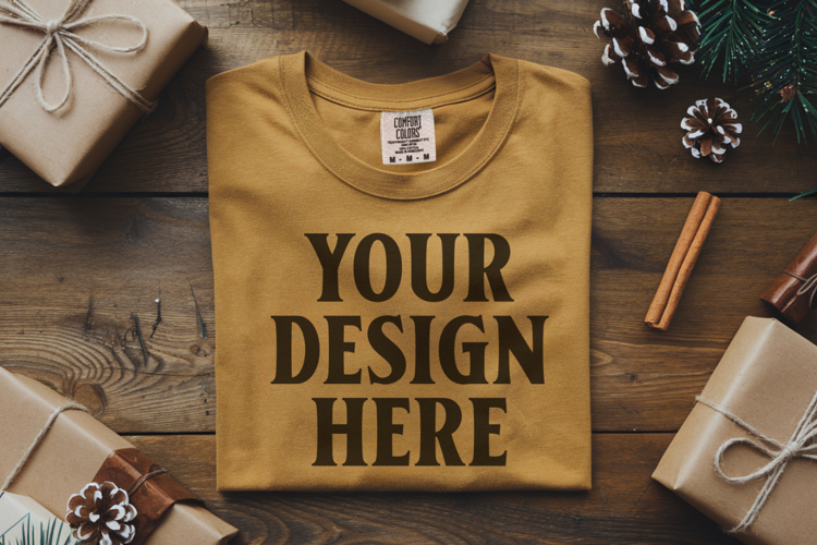 Mustard Comfort Colors 1717 Christmas Folded T-Shirt Mockup