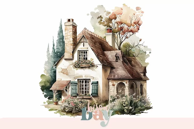 Watercolor Cottage Clipart, Rustic House Illustration