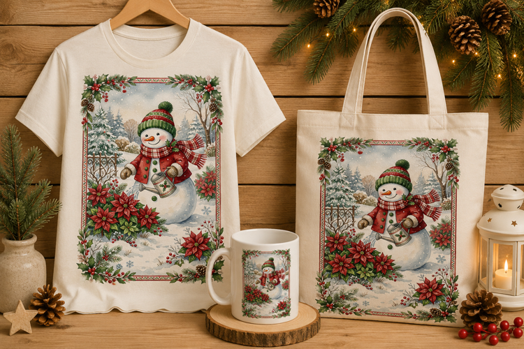 Snowman Watering Poinsettias Winter Watercolor Art Print