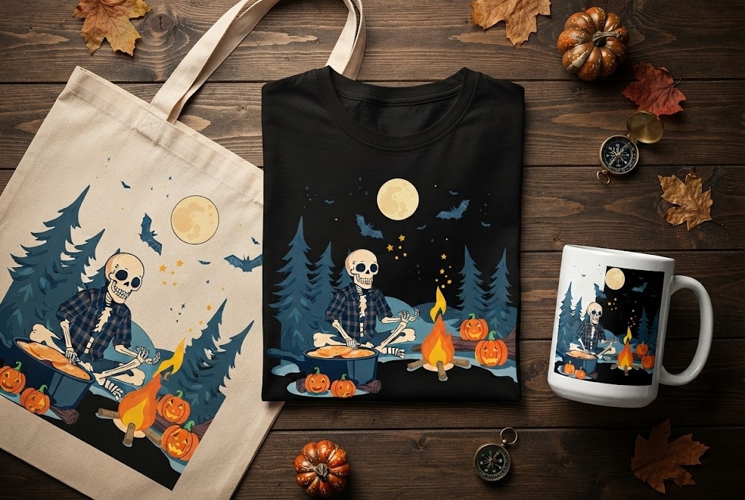 Skeleton Camping Campfire Halloween Design with Pancakes
