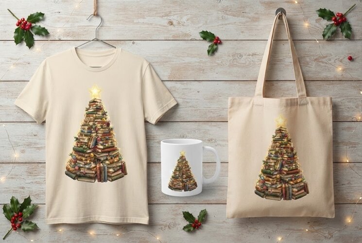 Book Tree Christmas Holiday Watercolor Art Print PNG example image 1