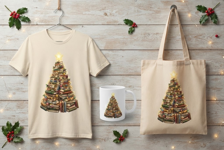 Book Tree Christmas Holiday Watercolor Art Print PNG