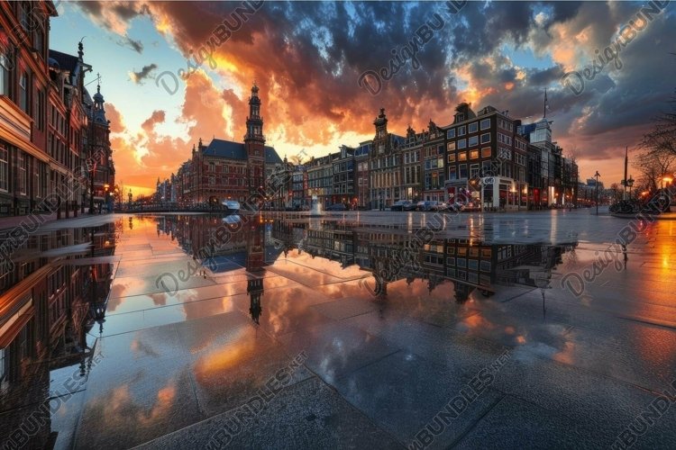 Amsterdam canals reflecting dramatic sunset after rain