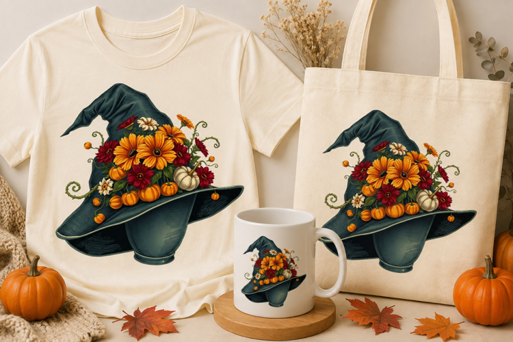 Floral Witch Hat PNG | Fall Flowers Halloween Witch Design