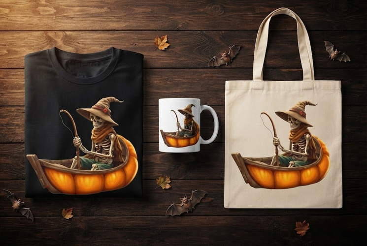Skeleton Witch Fishing Pumpkin Boat Halloween Design