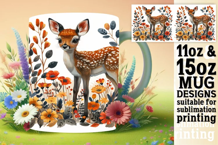 Sublimation Deer Watercolor Mug Wrap Design