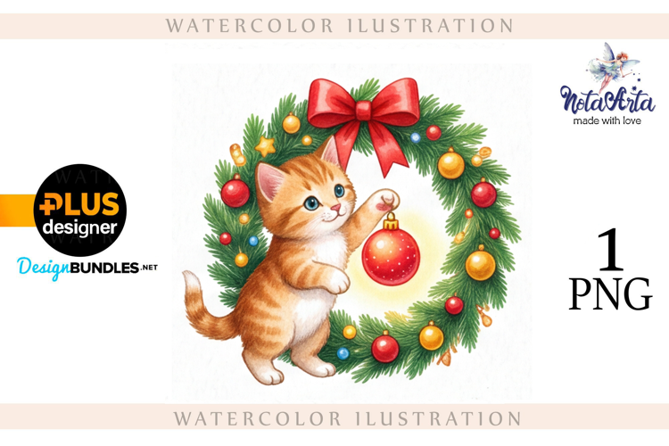 Christmas Kitten in Watercolor Style