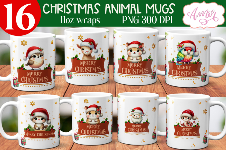 Cute Christmas animal mug wraps PNG for sublimation