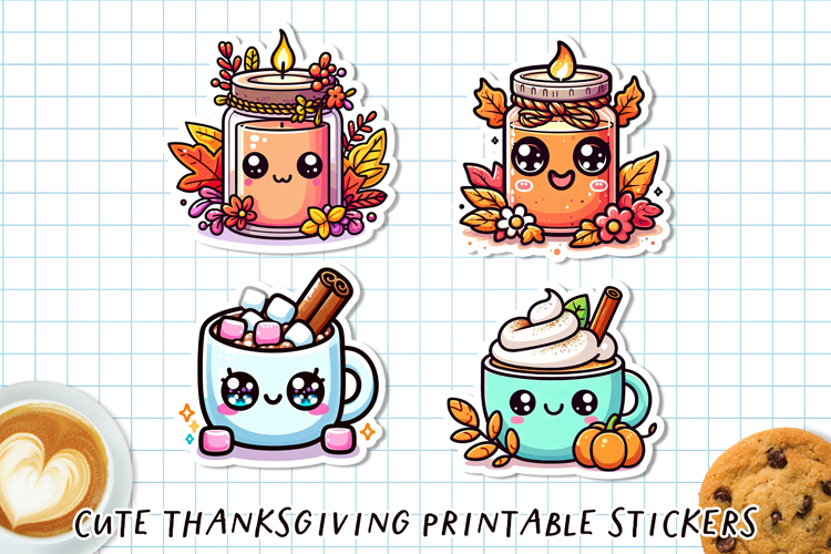 Cute Kawaii Thanksgiving Stickers | Fall Sticker Sheet PNG