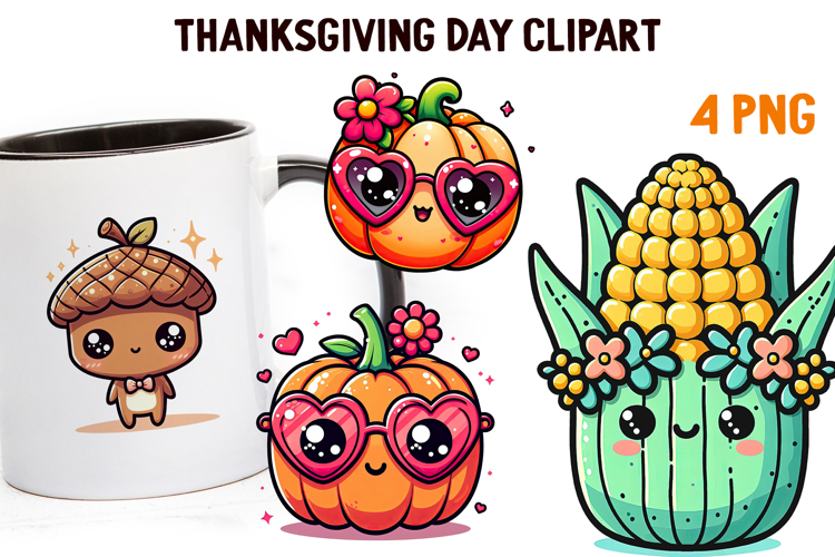 Cute Kawaii Thanksgiving Clipart | Fall Pumpkin Turkey PNG