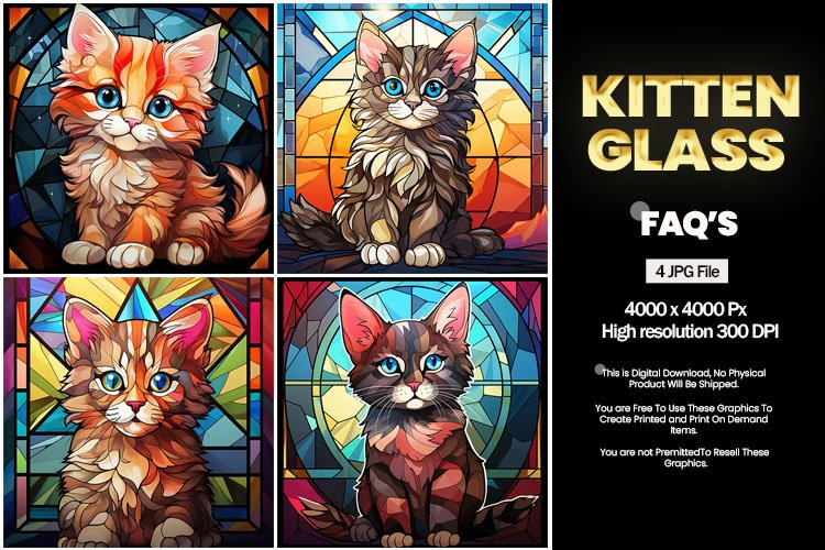Kitten Stained Glass Square Coaster - 04 Variations