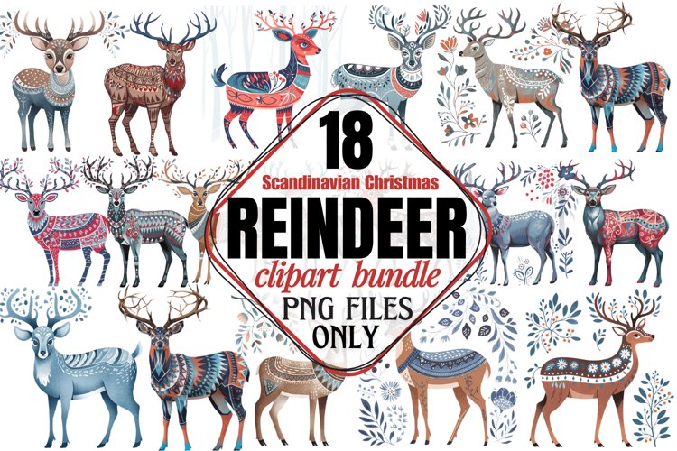 Scandinavian Christmas Reindeer Clipart Bundle