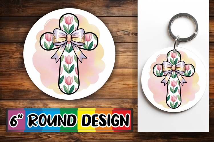 Sweet Keychain Circle Sublimation, Cross and Bow