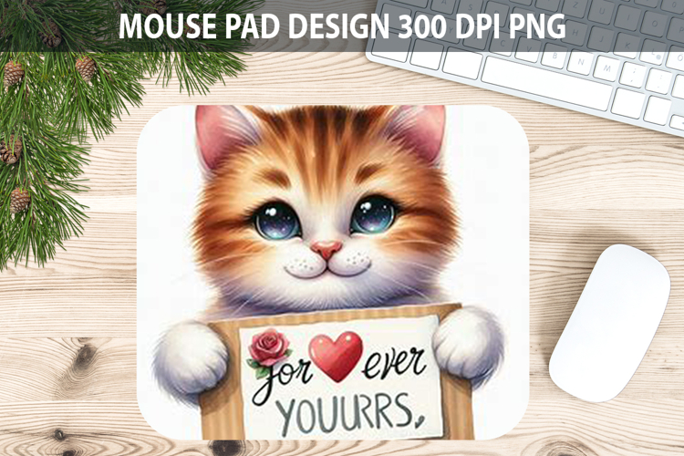 Watercolor Cat Mouse Pad Sublimation - Valentines PNG