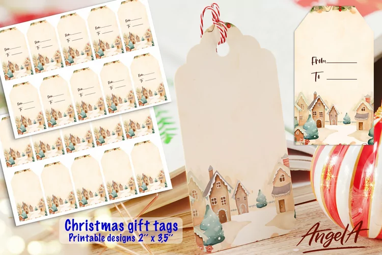 Printable Christmas gift tag, watercolor winter background