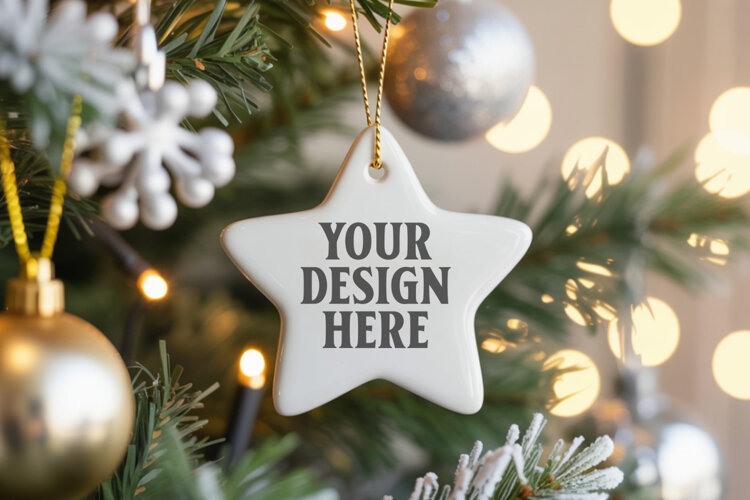 Christmas Star Ceramic Ornament Mockup | Cozy Boho Holiday D example image 1