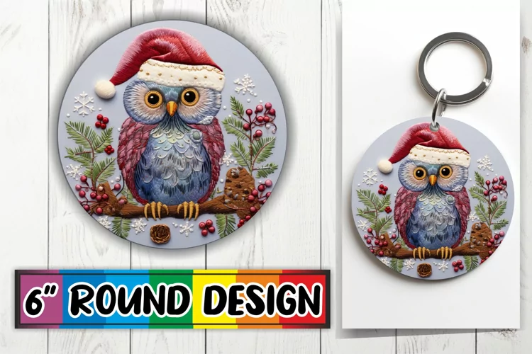 Winter Owl Circle Embroidered Keychain Round Design