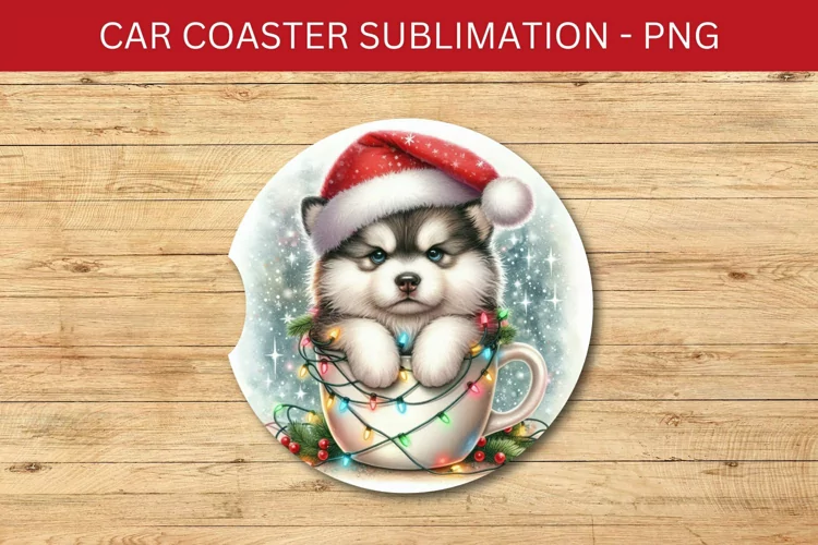 rounded car coaster - siberian husky puppy in the mug