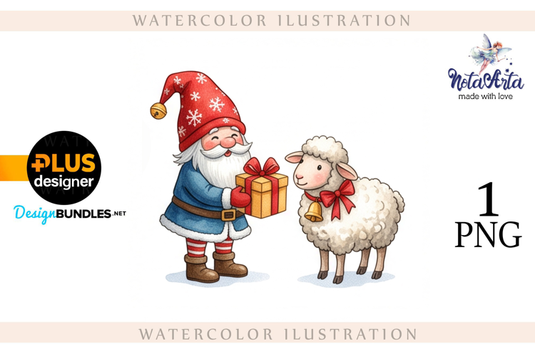 Christmas Gnome Santa with a Sheep in Watercolor Style