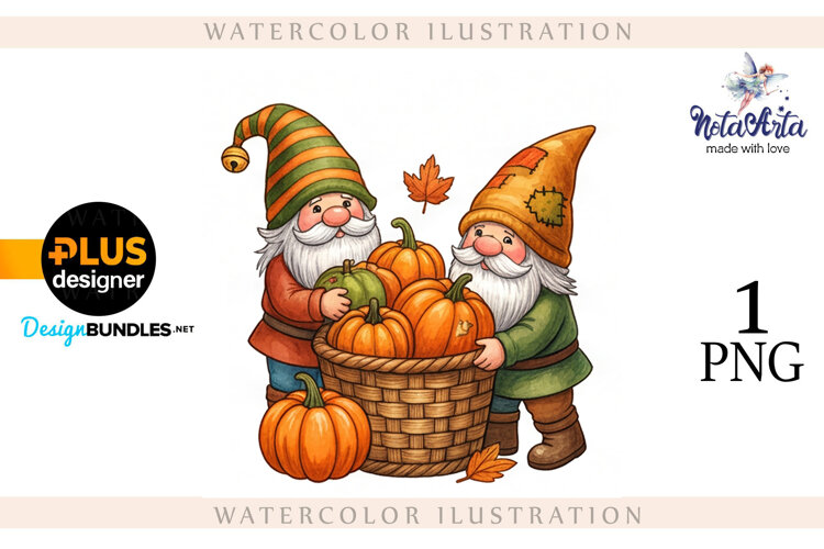 Gnomes with Pumpkin Harvest in Watercolor Style example image 1