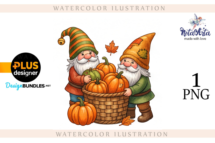 Gnomes with Pumpkin Harvest in Watercolor Style