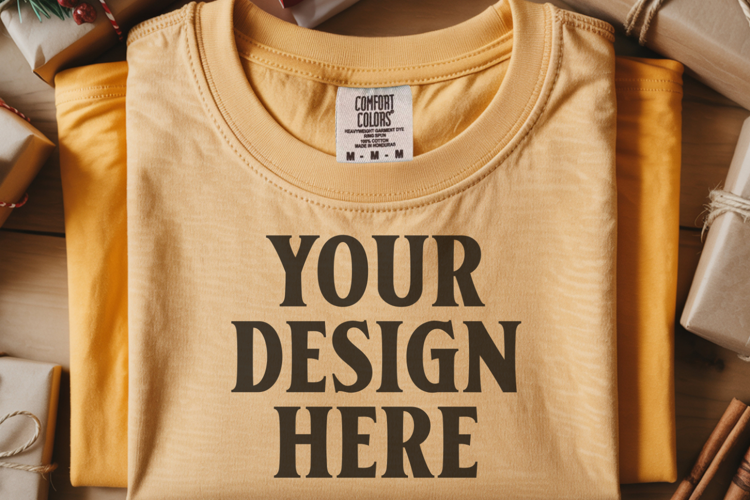 Mustard Comfort Colors 1717 Christmas Folded T-Shirt Mockup