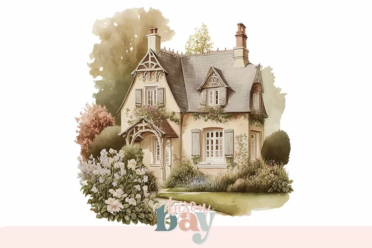 Charming Cottage Clipart, Watercolor House Illustration