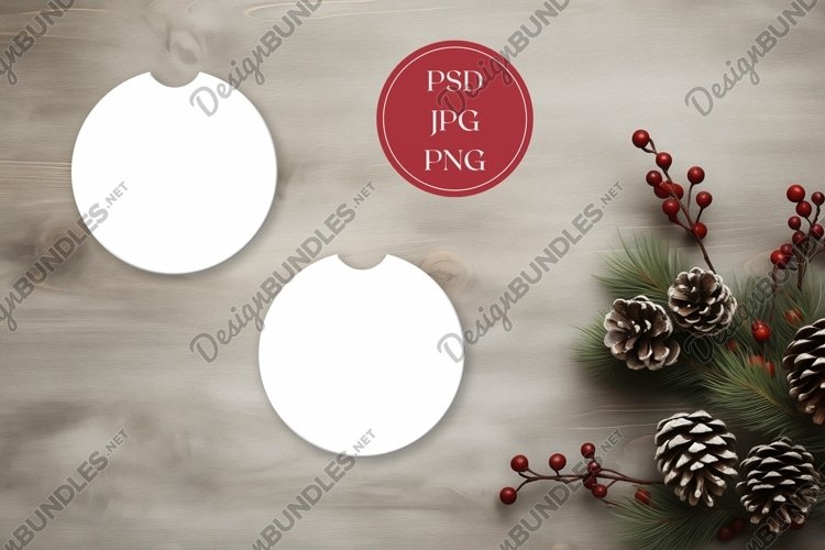Christmas Car Coasters Mock Up Design, Wooden Table Flat Lay example image 1