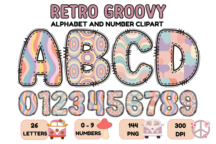 Retro Groovy Alphabert PNG 70s Numbers & Letters 300 DPI