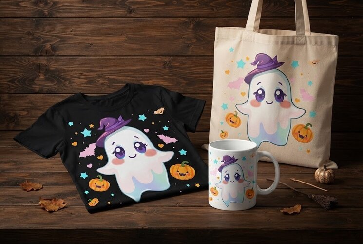 Kawaii Witch Ghost PNG | Cute Halloween Pumpkin Clipart example image 1