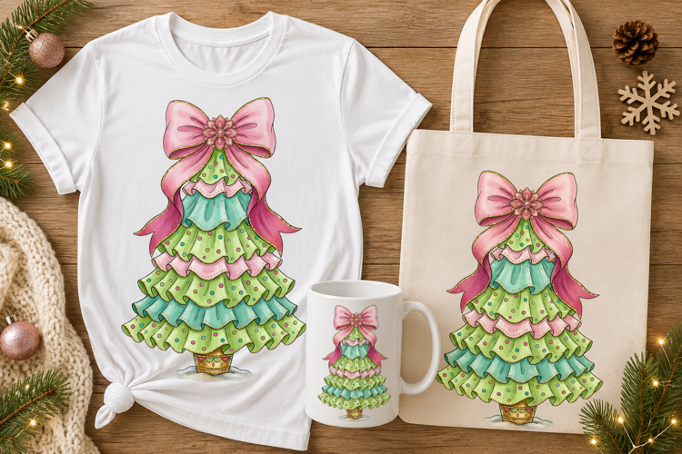 Pastel Ruffled Christmas Tree Bow Holiday Design