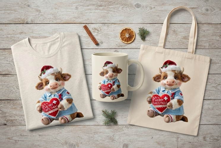 RN Clara Christmas Nurse Cow Plush Holiday Art Print